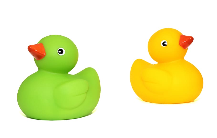 Yellow Duck Toy Beside Green Duck Toy, bathtime, cute, duckling HD wallpaper