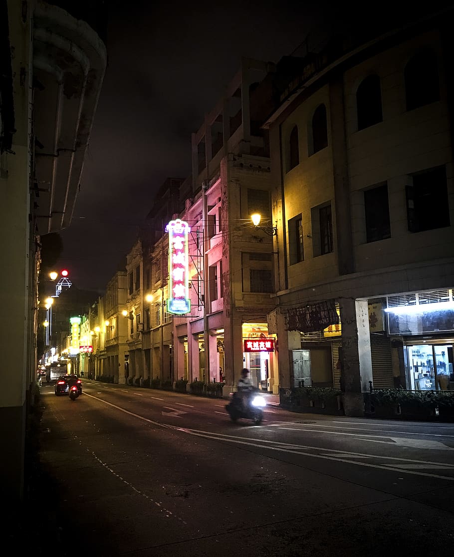 macau, night, neon, neons, tenement, china, night time, motorbike HD wallpaper