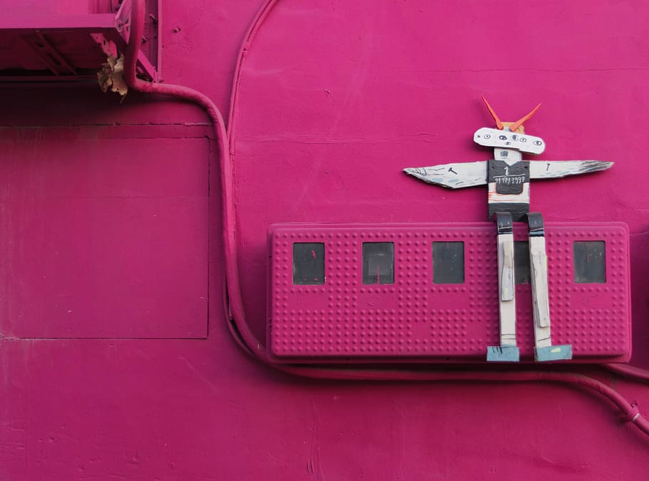 white robot on tray wall decor, no people, red, day, pink color HD wallpaper