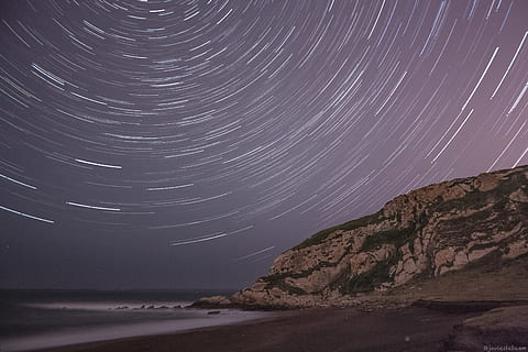 night sky, seaside, star, circle, long exposure, light trail HD wallpaper