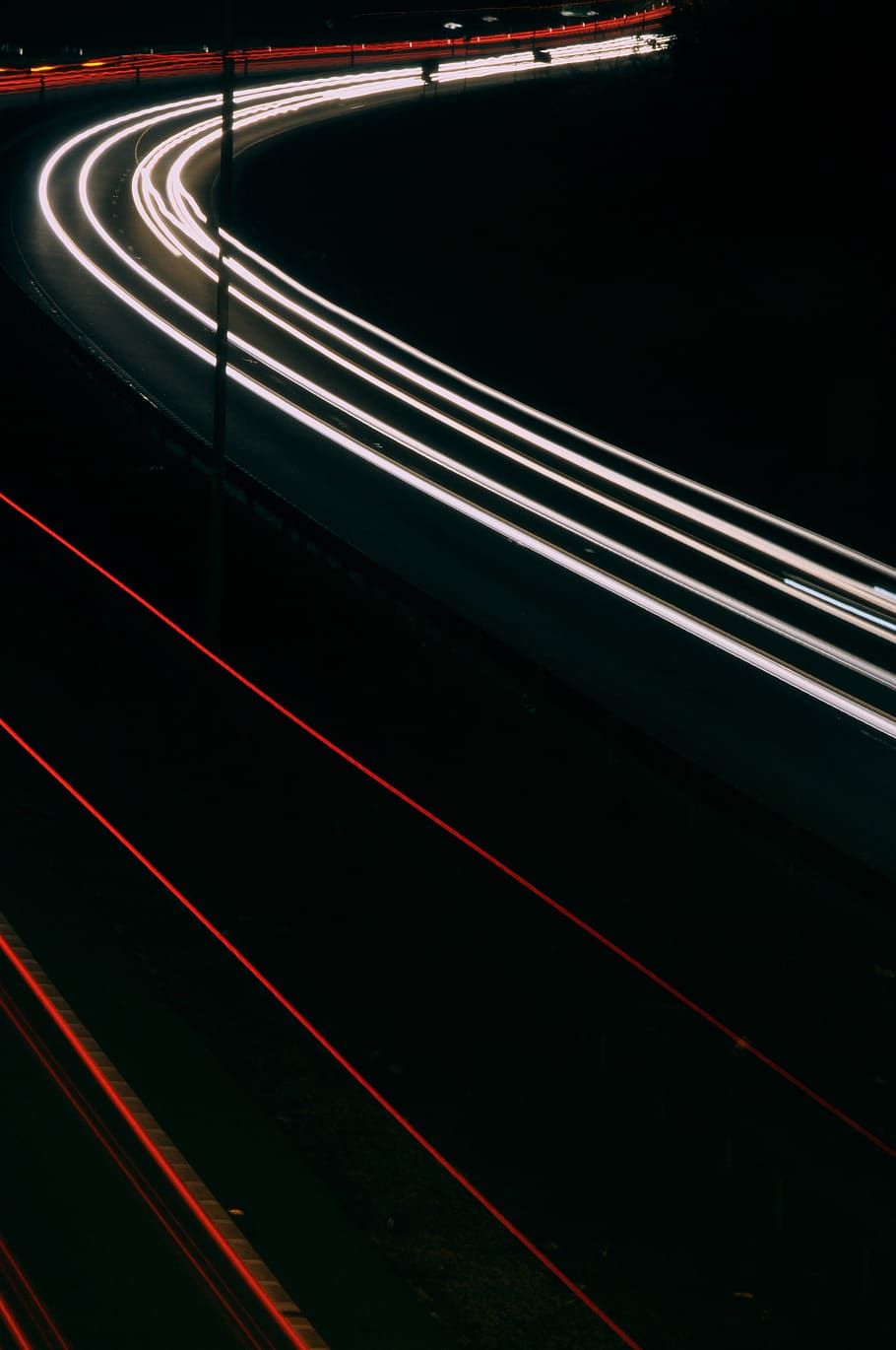 Red and White Light Streaks, action, car, car lights, dark, exposure HD wallpaper