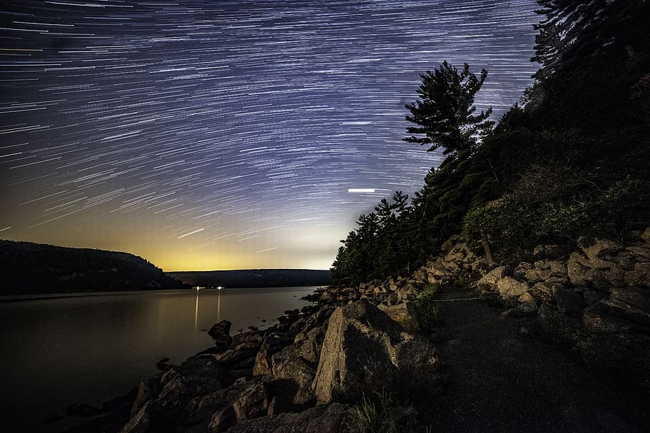 time-lapse photography of stars above body of water, nature, outdoors, HD wallpaper