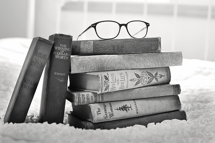 Grayscale Photo of Eyeglasses on Pile of Books, antique, black-and-white