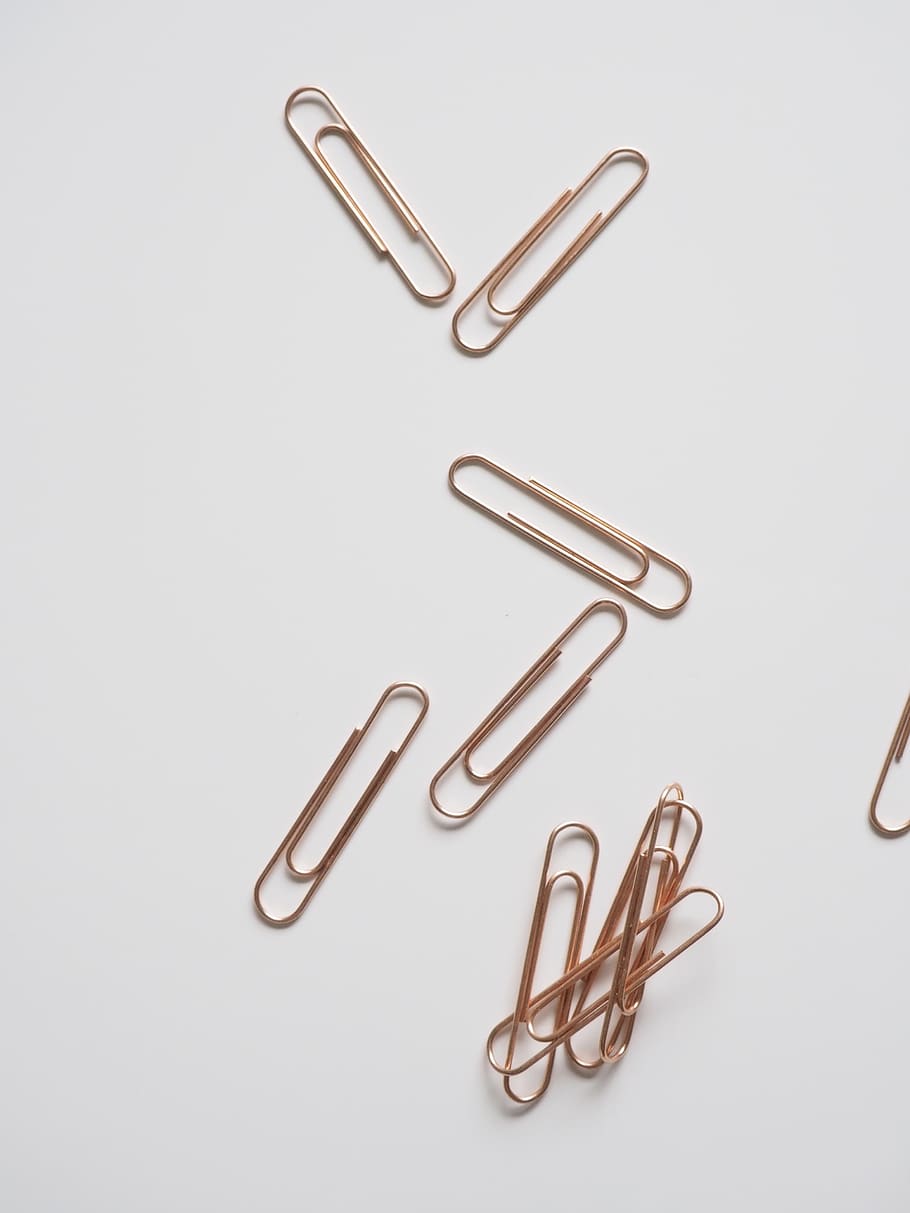 Paper Clips on White Surface, attachment, fastener, office accessories