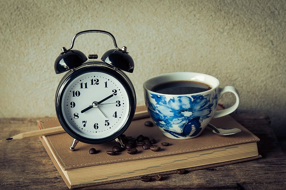 vintage, alarm, clock, book, pencil, coffee, drink, espresso, HD wallpaper