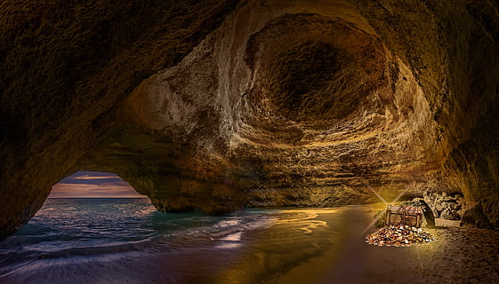 cave, treasure, pirate, light, gold, wood, sea, ocean, twilight HD wallpaper