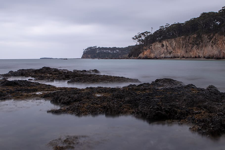 beach, rocks, waves, water, ocean, cliff, sea, coast, sky, nature HD wallpaper