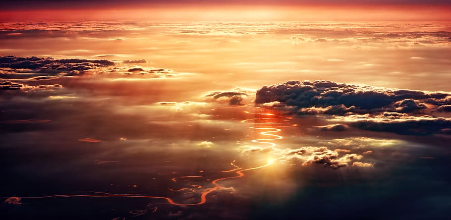 Aerial Photo of Amazon River, atmosphere, bright, clouds, dawn