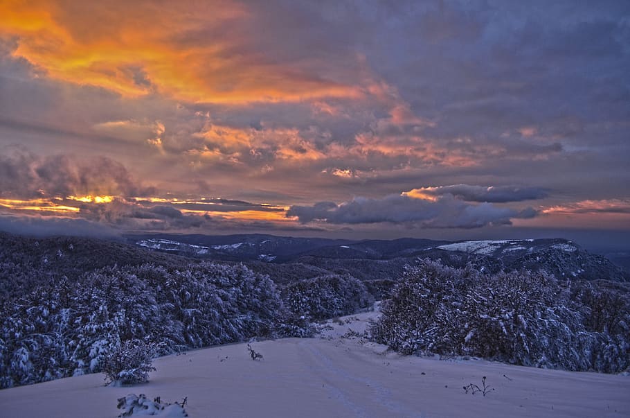 sunset, winter, landscape, sky, nature, clouds, twilight, evening HD wallpaper