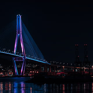 long bridge at night-time, building, south korea, busan, busan harbour bridge HD wallpaper