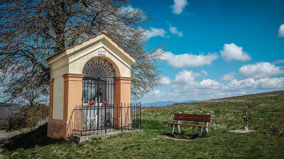 chapel, landscape, pilgrimage, clouds, architecture, plant HD wallpaper