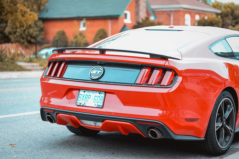 red car on road, sports car, automobile, coupe, mustang, transportation HD wallpaper