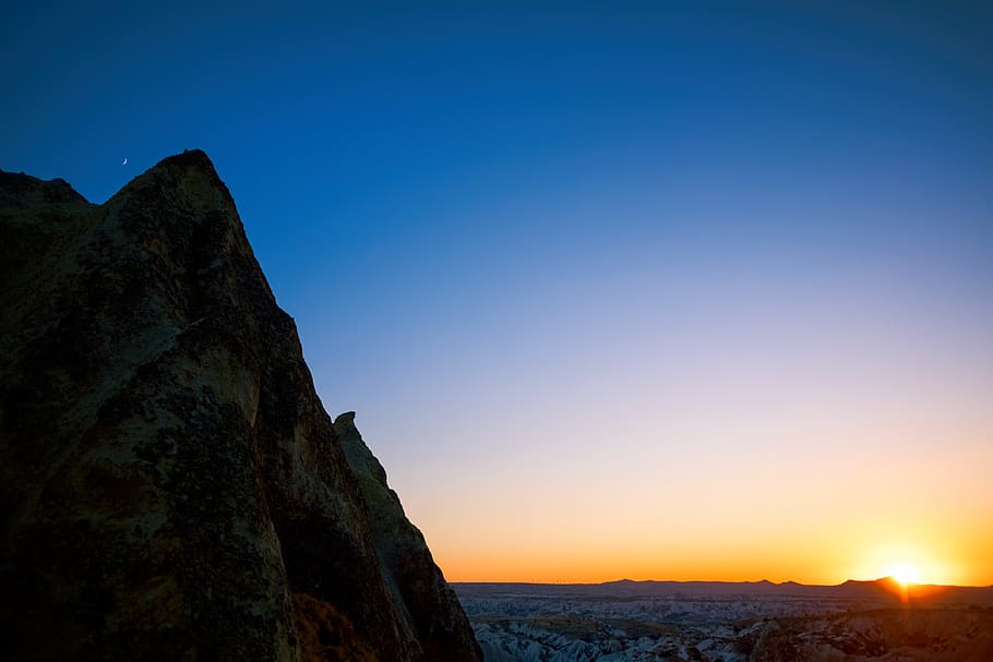 turkey, cappadocia, mountain, sun, moon, sunset, sky, sunlight HD wallpaper