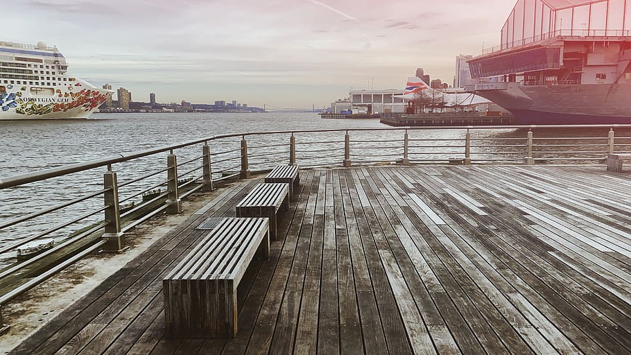 brown dock near ship under white sky during daytime, boardwalk, HD wallpaper