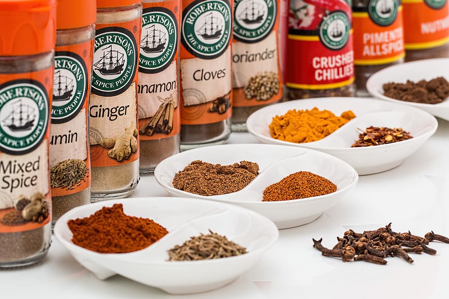 Mixed Spice Bottles on White Surface With Bowls, allspice, aromatic HD wallpaper