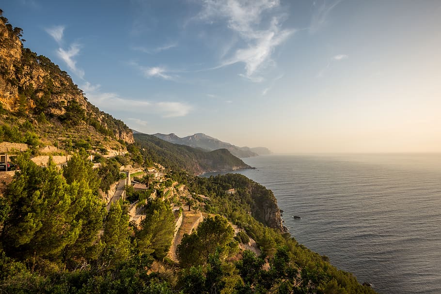 nature, mountain, landscape, clouds, sky, horizon, sea, water HD wallpaper