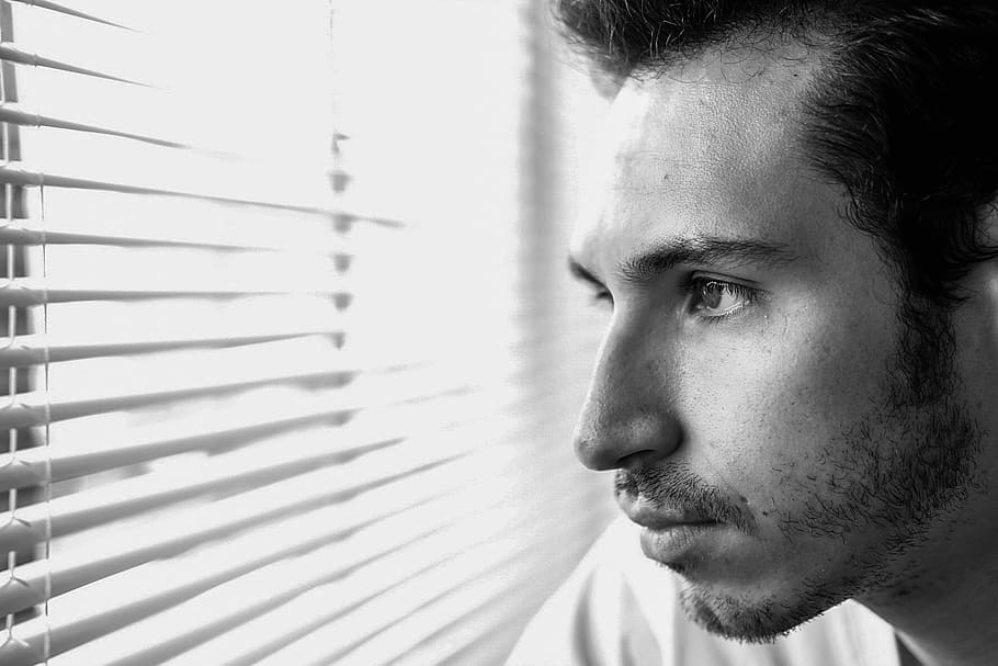 Man Looking Through Window, actor, adult, black-and-white, business, HD wallpaper