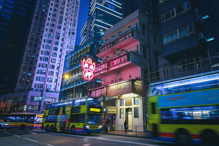 Buildings in Downtown Hong Kong at Night, architecture, blur