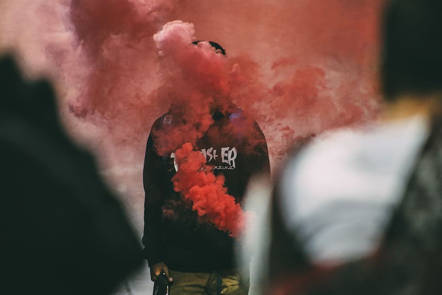 people, man, smoke, red, bomb, art, design, photography, smoke - physical structure HD wallpaper