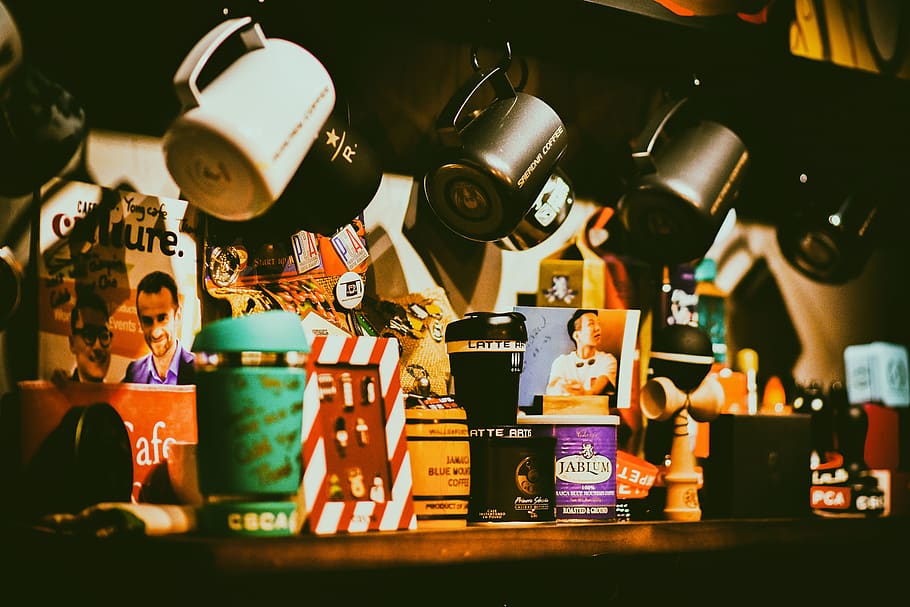 cafe, coffee, dark, cup, book, indoors, large group of objects HD wallpaper