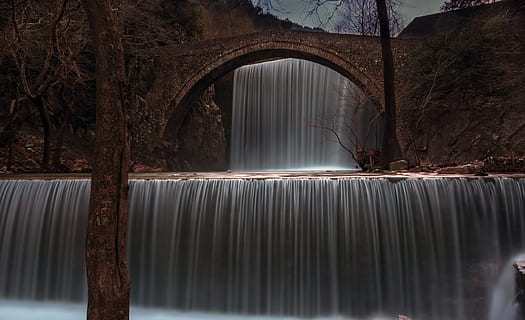 waterfall, river, bridge, nature, stream, landscape, cascade HD wallpaper