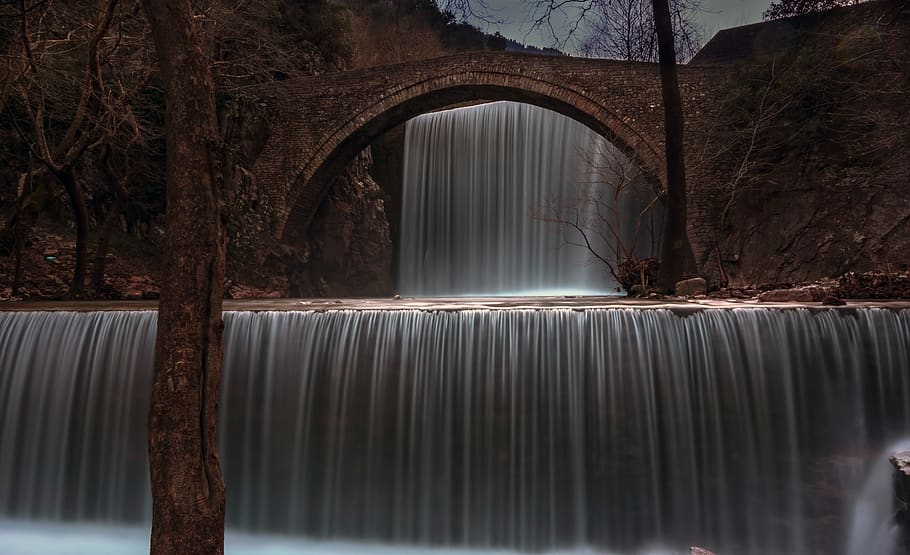 waterfall, river, bridge, nature, stream, landscape, cascade HD wallpaper