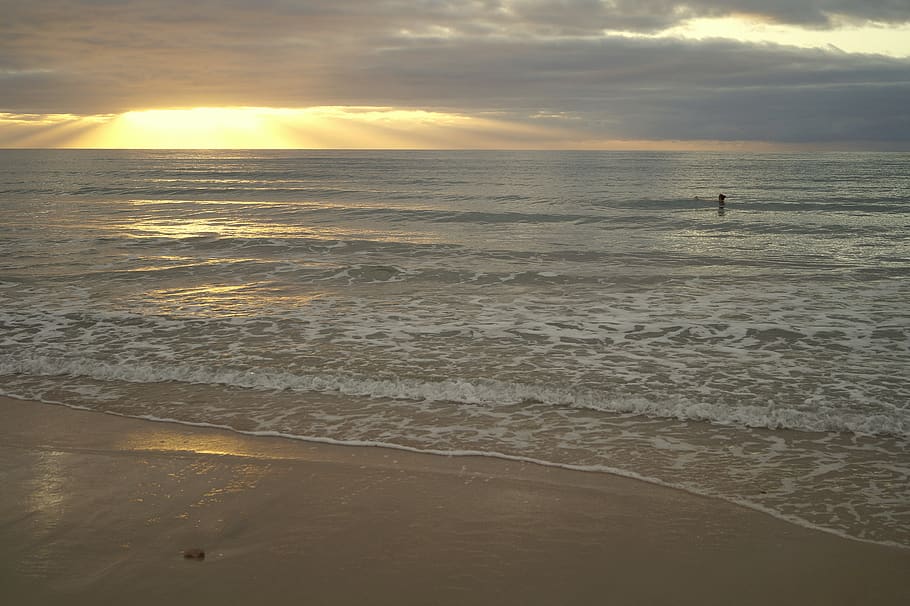 sunset, beach, sunbathing, water, sand, sea, vacations, sunrise HD wallpaper