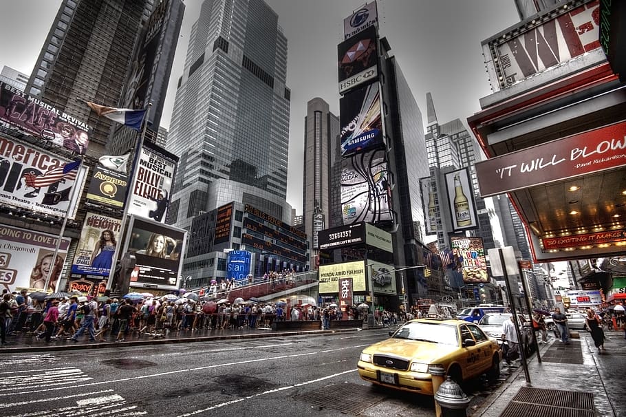 new york, united states, theater district, umbrella, rain, advertisements