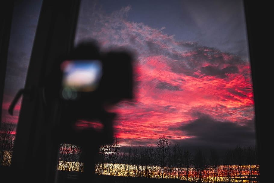 camera, sunset, snapshot factory, light, red, pink, blue, sky HD wallpaper