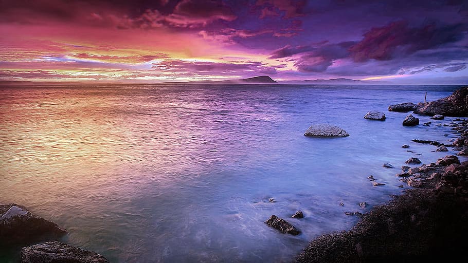 Golden Hour Photography of Body of Water, beach, clouds, dawn HD wallpaper