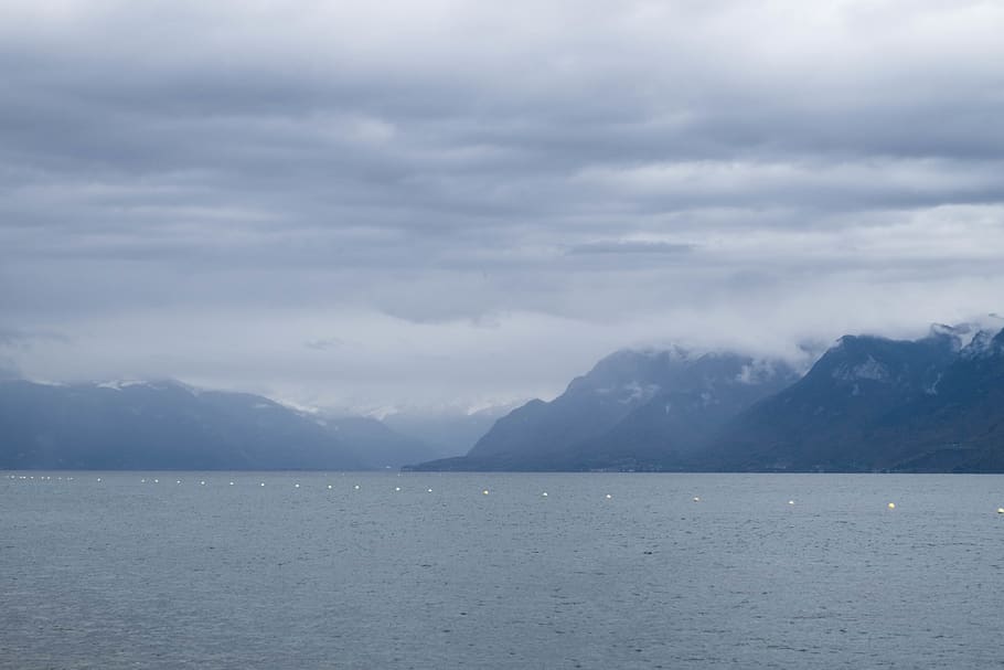 switzerland, lausanne, snow, grey, water, moutains, winter, HD wallpaper