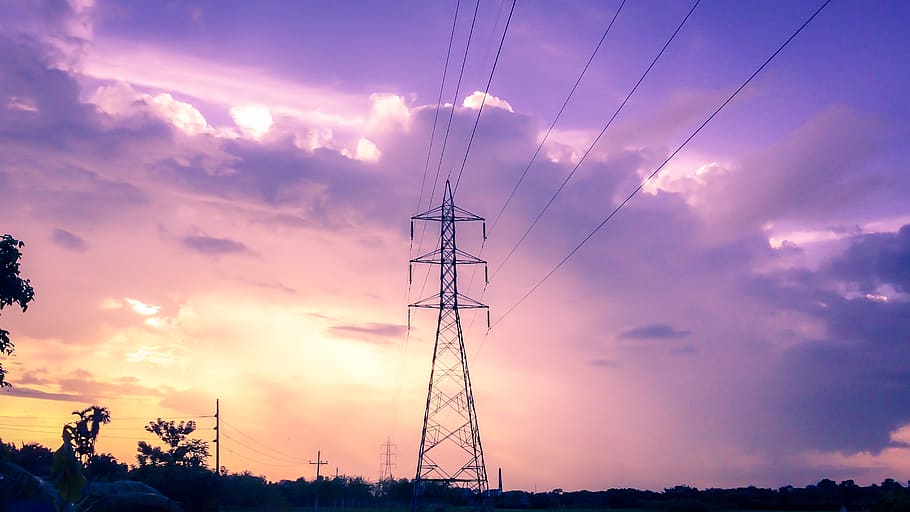 Photography of Electric Tower during Sunset, clouds, current