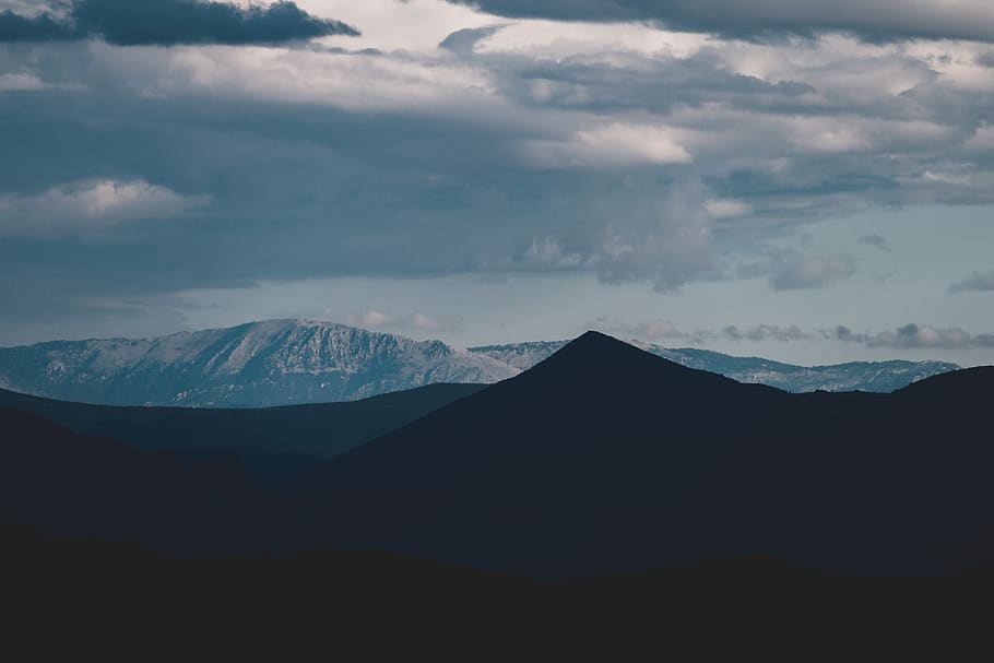 silhouette of mountain under white cloudy sky, nature, peak, euboea, HD wallpaper