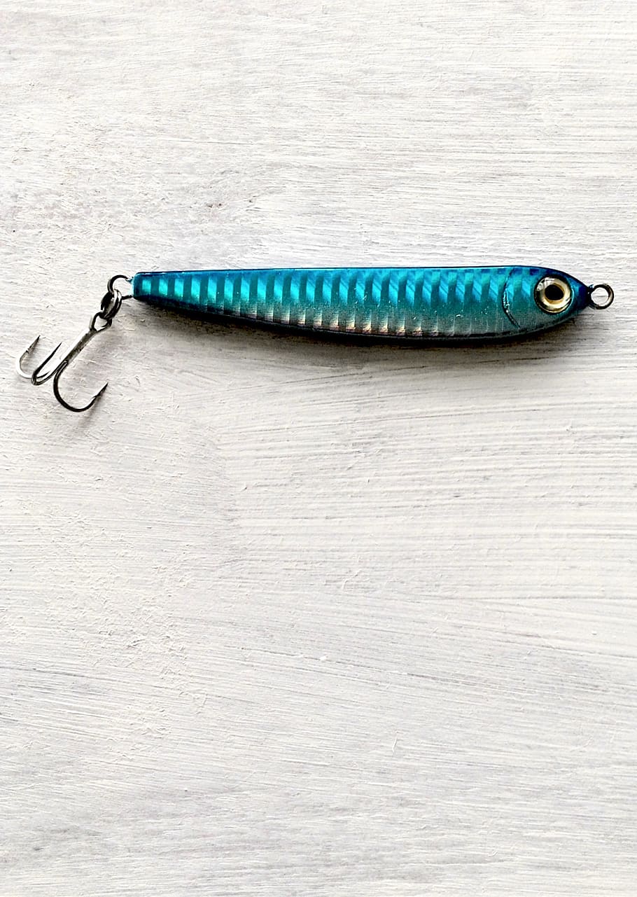 fishing, lure, angler, fishhook, mackerel lure, blue, still life, HD wallpaper