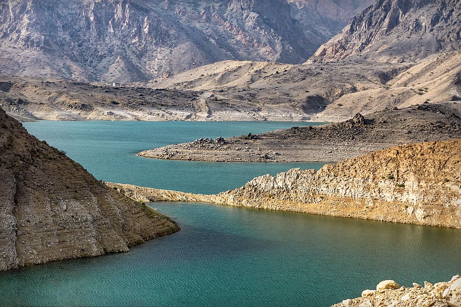 oman, emirates, emirets, mountains, water storage, lake, viewpoint, HD wallpaper