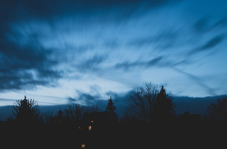 grey cloudy sky over lighted house, cloud - sky, tree, silhouette HD wallpaper