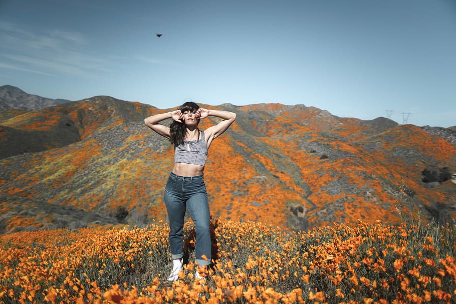woman in gray crop-top and denim bottom standing near orange flower field, HD wallpaper
