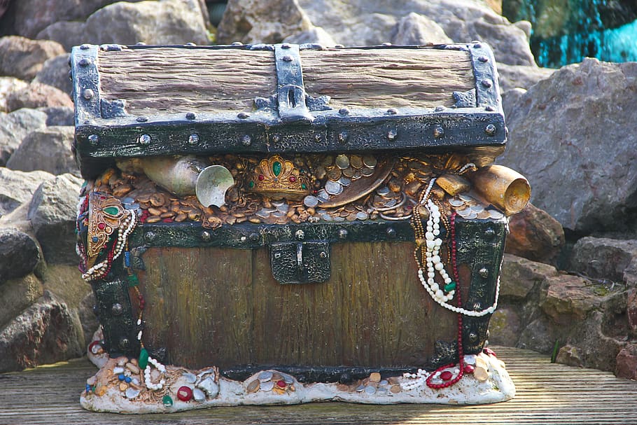 chest, treasure, pirate, money, box, coins, valuable, wealth