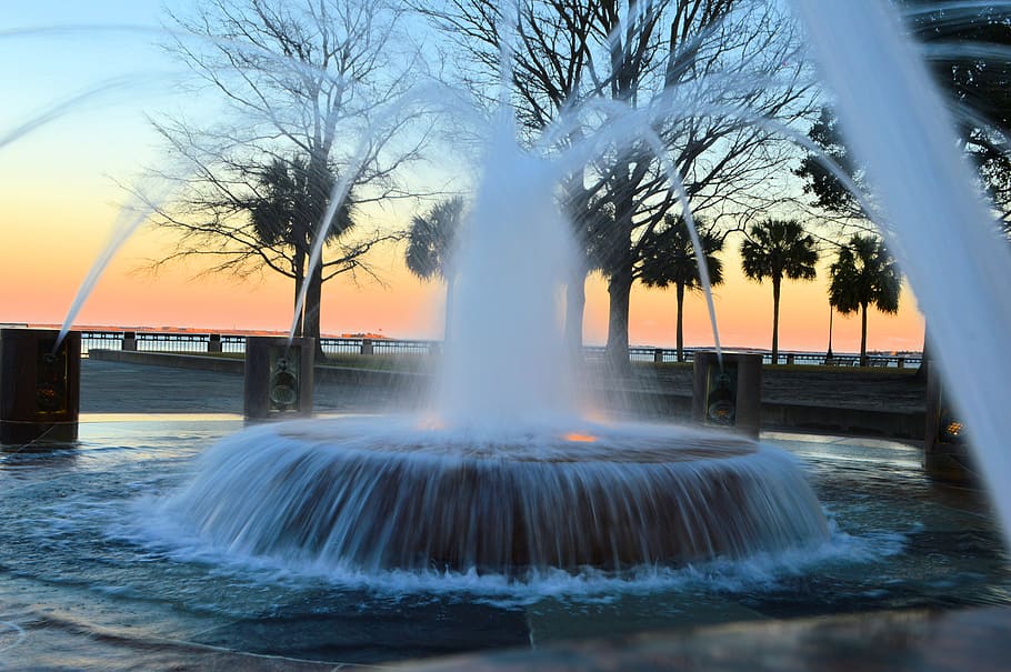 fountain, sunset, landscape, twilight, city, backlighting, mood HD wallpaper