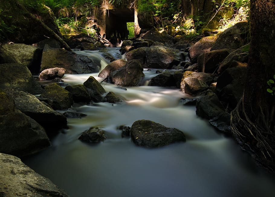 Stream Flowing Through Rocks in Forest, creek, nature, river HD wallpaper