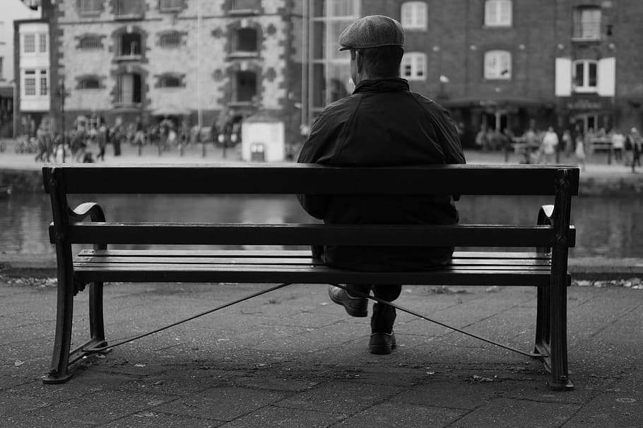 bench, human, activity, sit, sitting, rest, lonely, city, rear view HD wallpaper