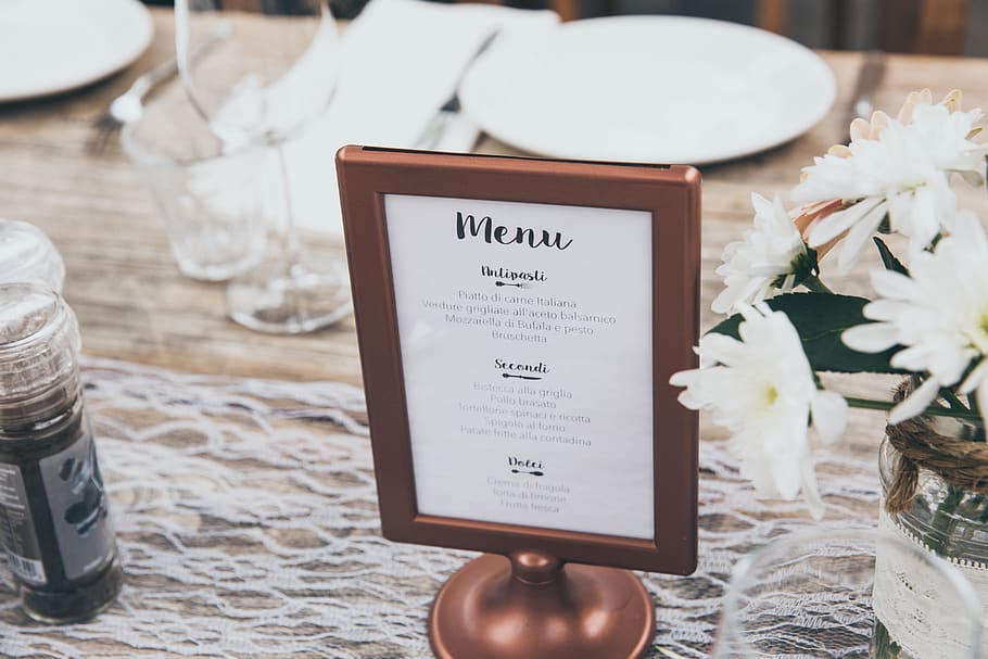 Menu-printed board with brown frame on table, pottery, potted plant HD wallpaper