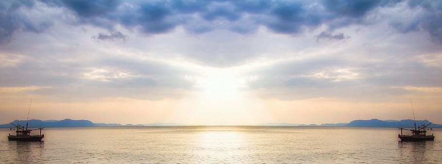 boat, sunset, dusk, boom, water, silhouetted, sea, evening HD wallpaper