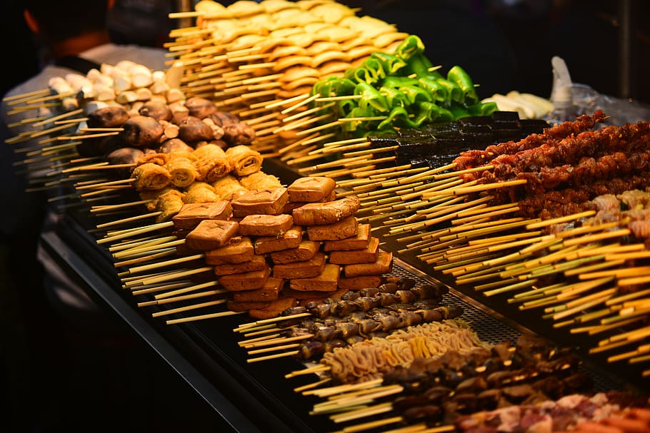 barbecue, meat, string, skewers, food, snack, food and drink HD wallpaper
