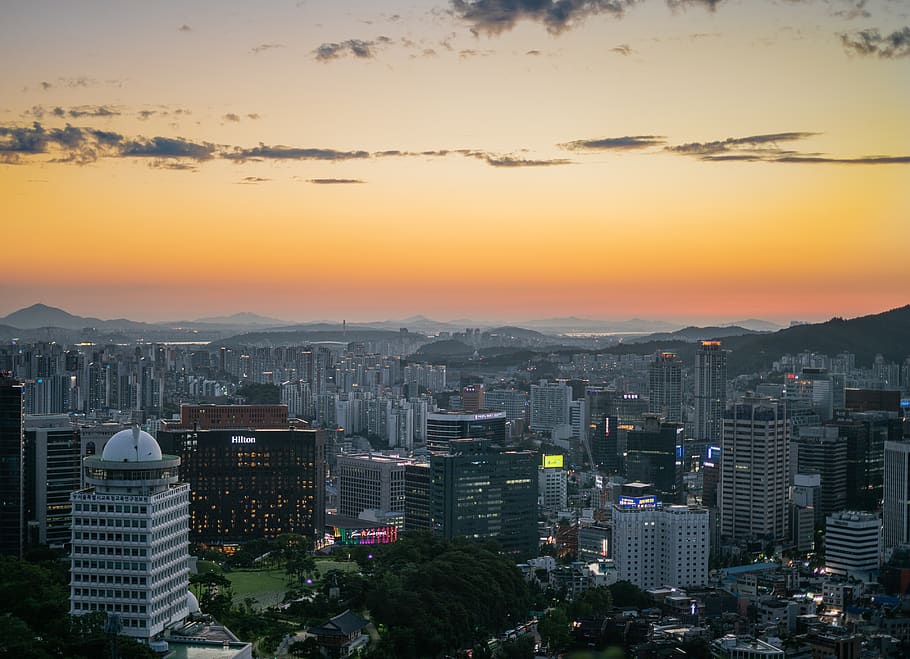 myeongdong, seoul, korea, sunset, orange, metropolitan, city, HD wallpaper