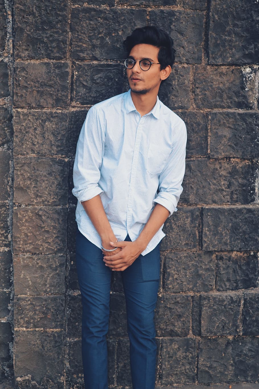 Men's White Button-up Dress Shirt, blue, brick wall, casual, eyeglasses