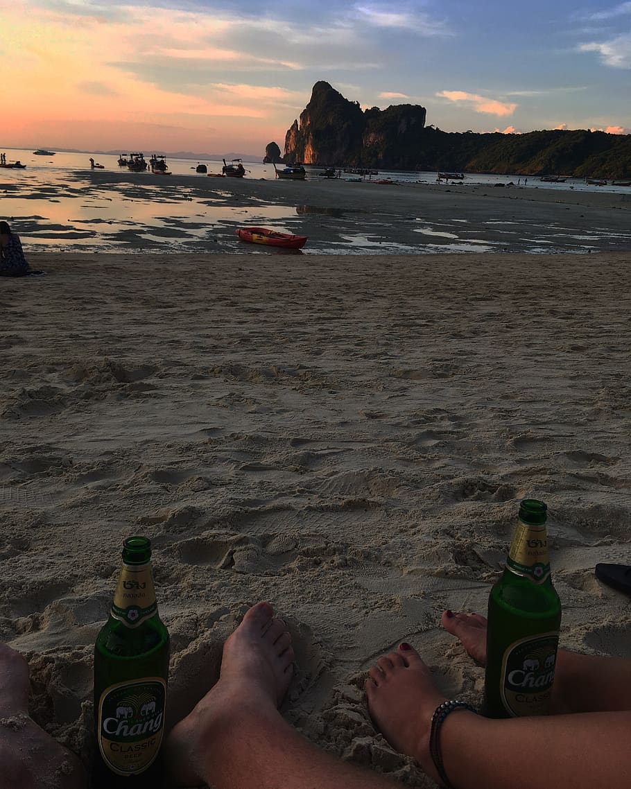 thailand, phi phi islands, beer, sand, sunset, landscape, ocean HD wallpaper