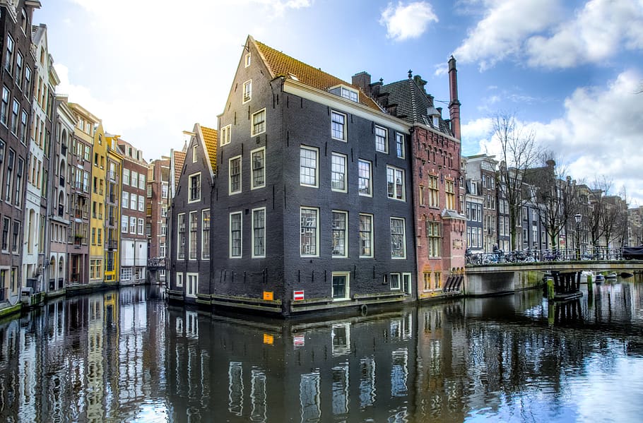 reflection, architecture, water, canal, city, amsterdam, downtown HD wallpaper