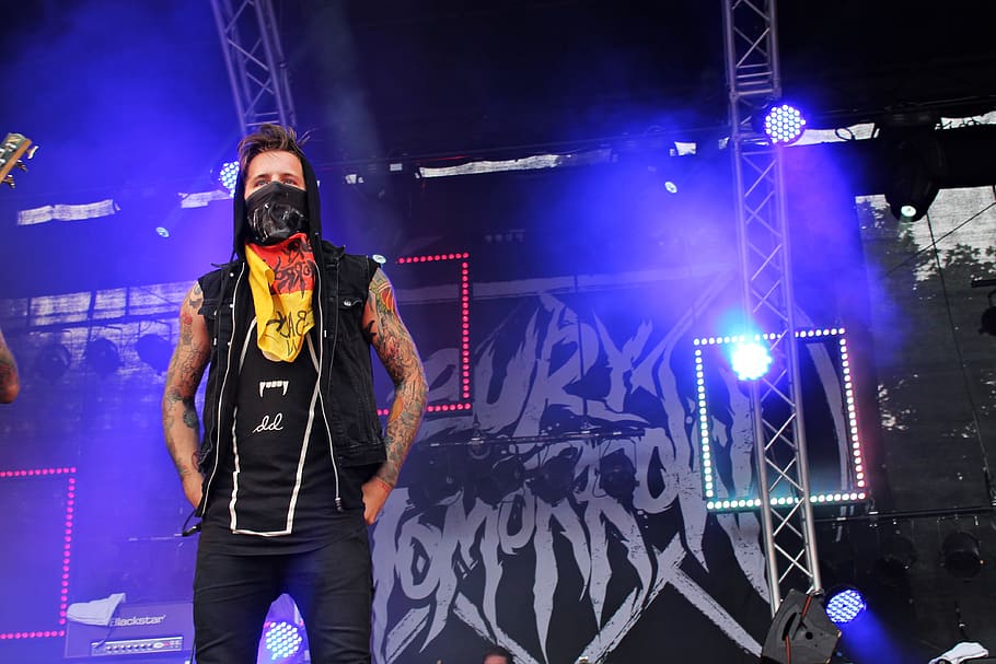 Man Wearing Black Vest, concert, dark, lights, metal, music, musician HD wallpaper