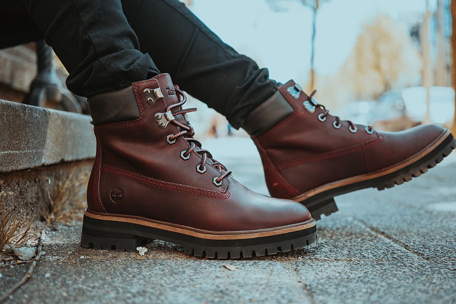 brown leather work boots, apparel, clothing, footwear, shoe, human